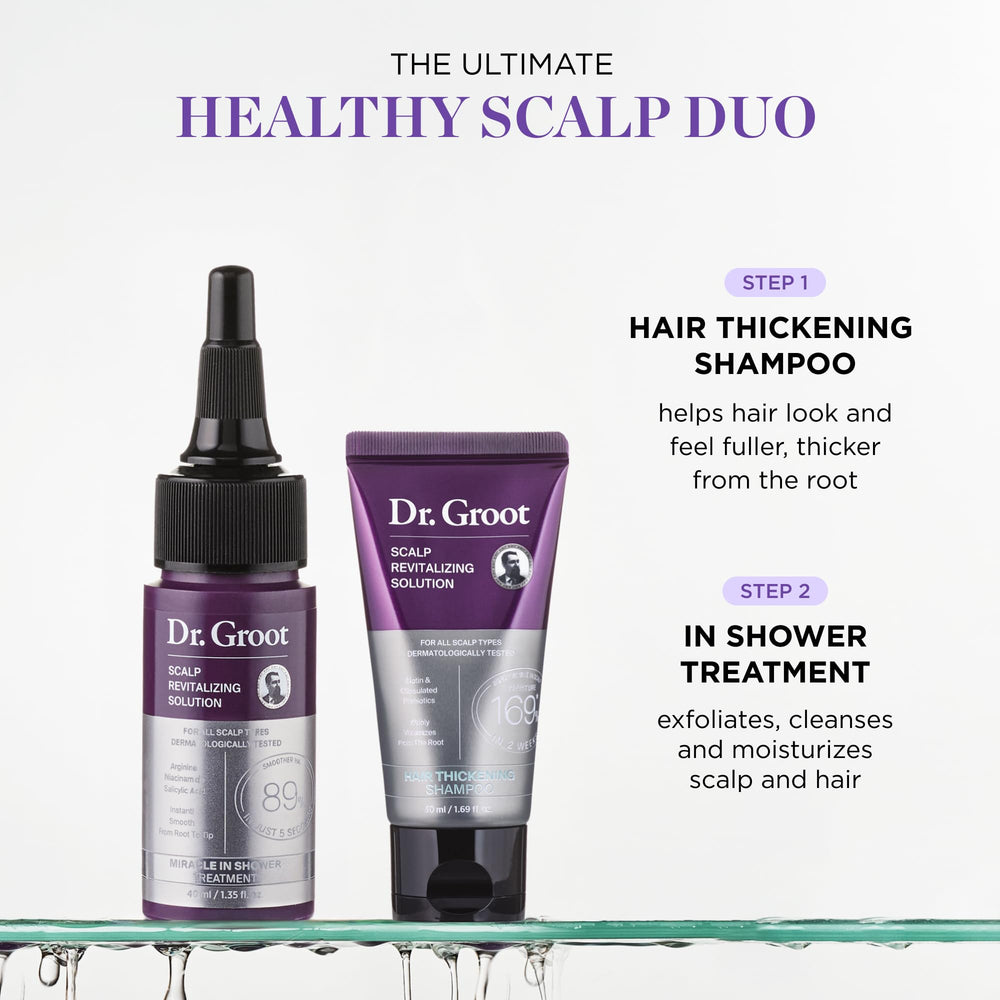 Dr. Groot Hair Thickening Shampoo with rosemary oil for root fullness.