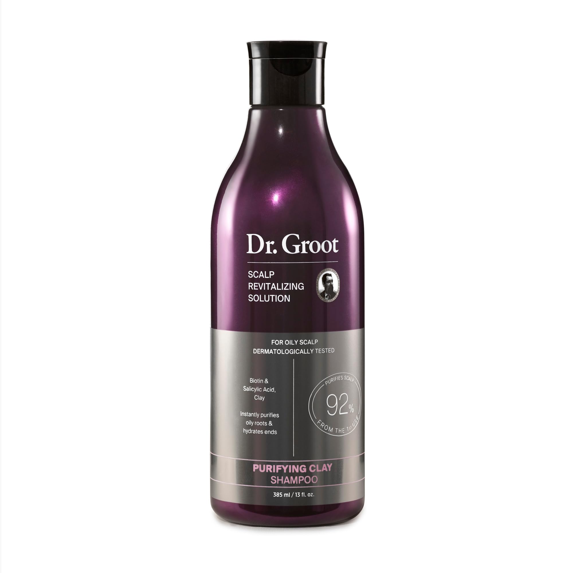 Dr. Groot Purifying Clay Shampoo bottle pouring refreshes the scalp.