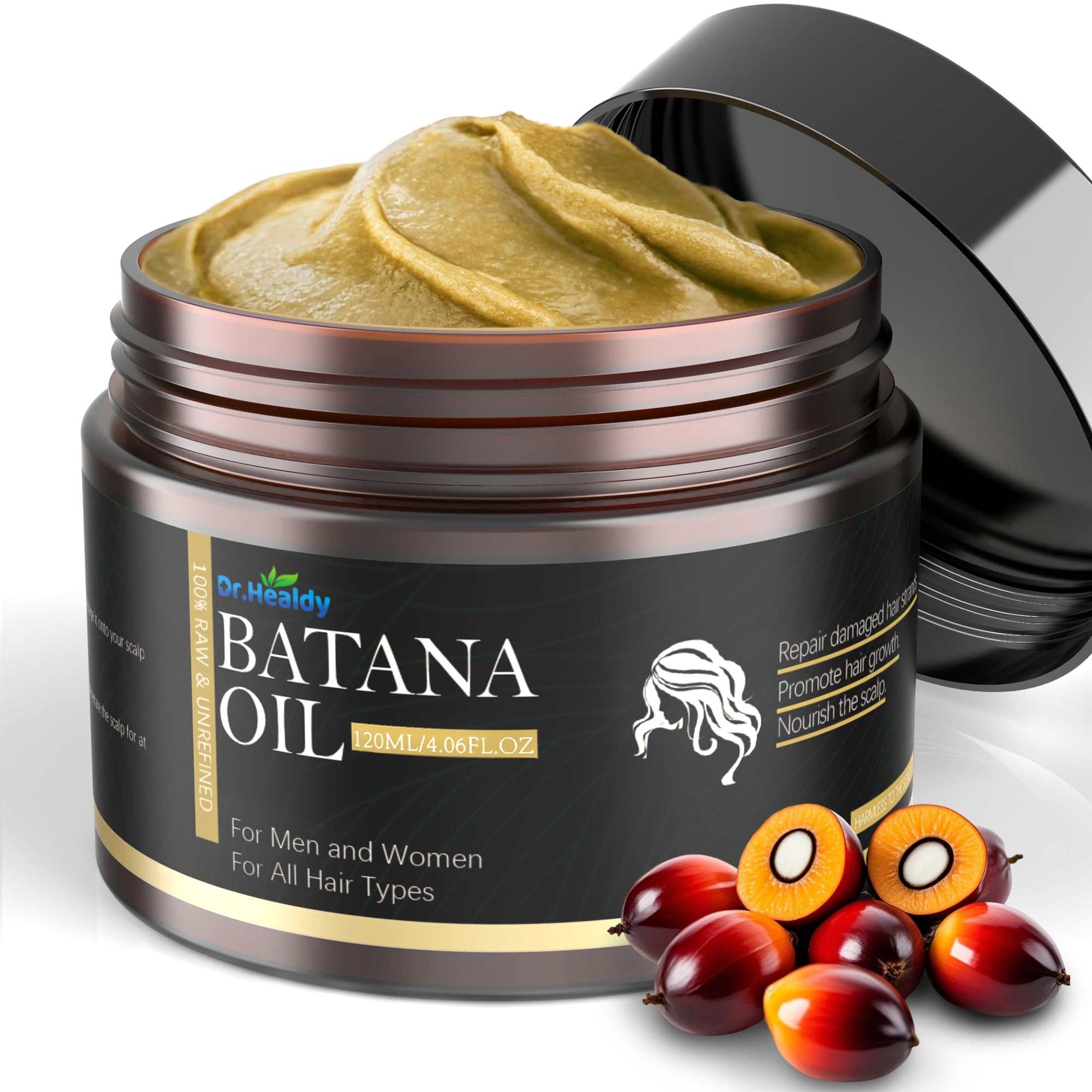 Dr. Healdy Batana Oil bottle close-up showing rich nourishment for hair.