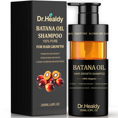 Dr. Healdy Batana Oil Shampoo bottle highlights sulfate-free cleansing for healthy scalp.
