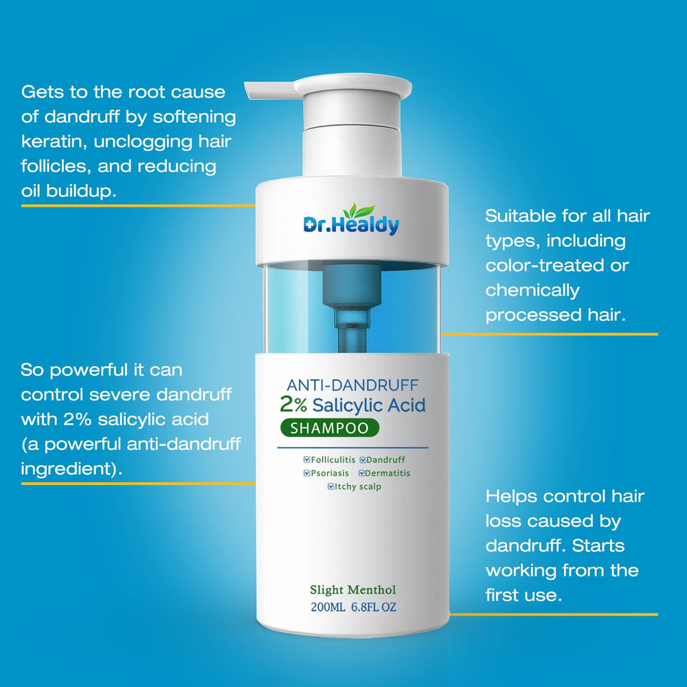 Dr Healdy label on bottle signals family-friendly scalp care.