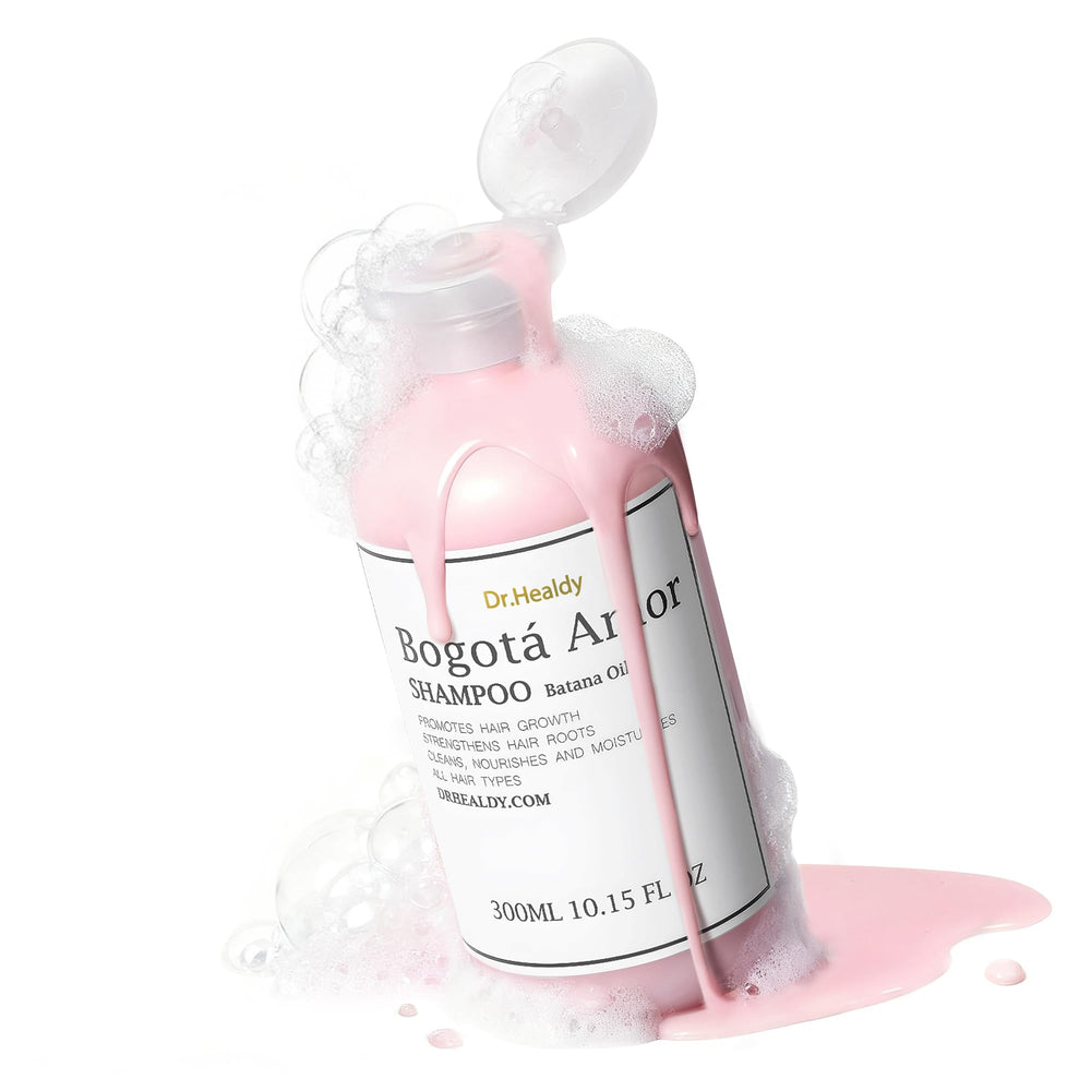 Dr. Healdy Shampoo closeup showing batana oil benefits on bottle