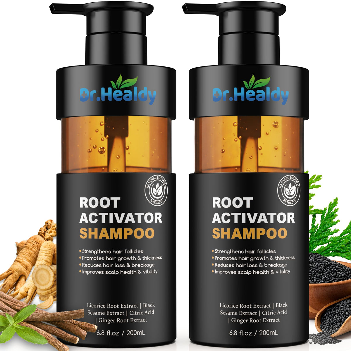Dr. Healdy Root Activator bottle pour demonstrates easy daily dosing for scalp care.