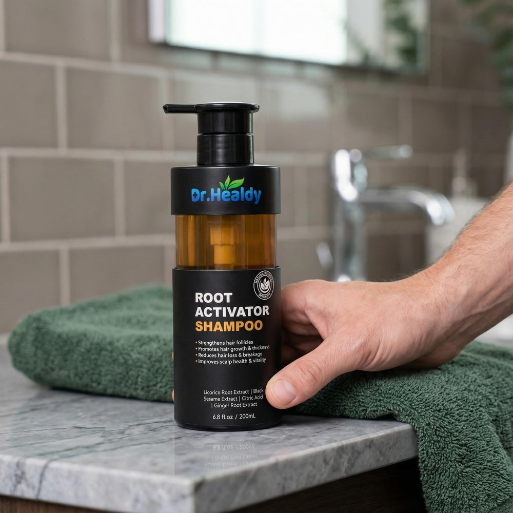 Dr. Healdy Root Activator close-up highlighting healthier-looking scalp.