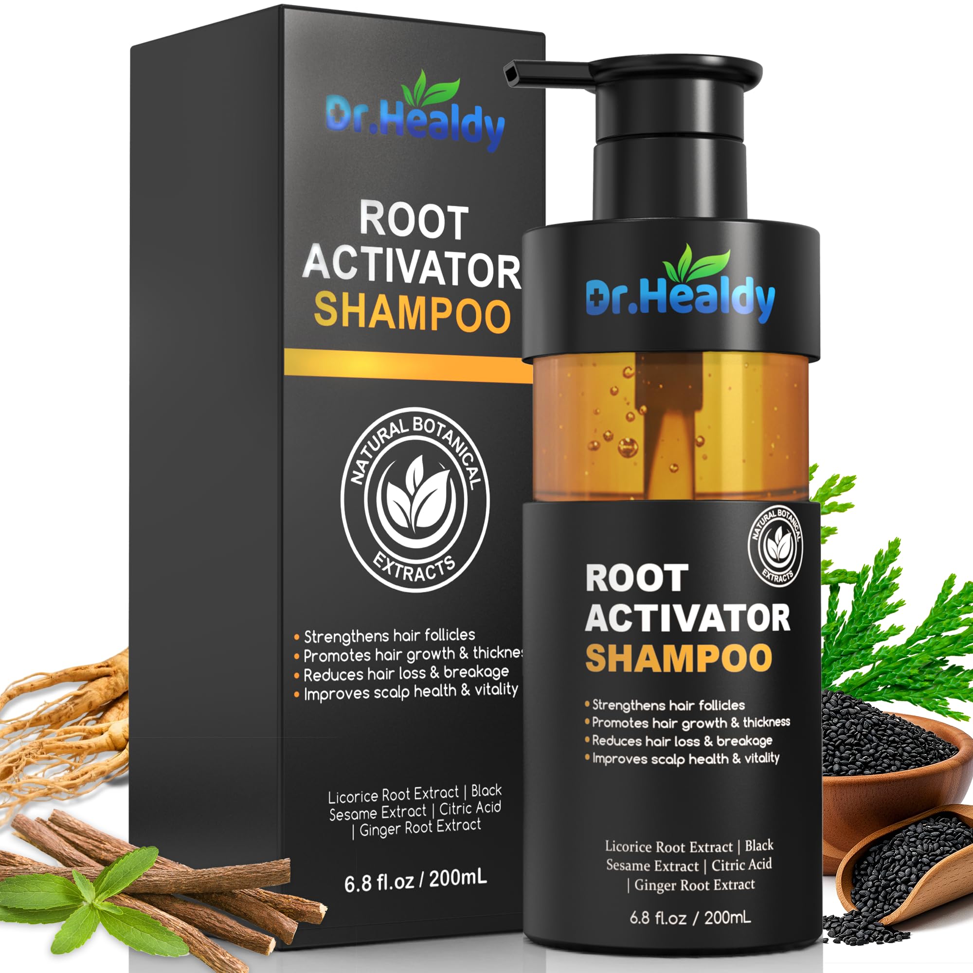 Dr. Healdy Root Activator Shampoo bottle showcases sulfate-free formula for daily scalp cleansing