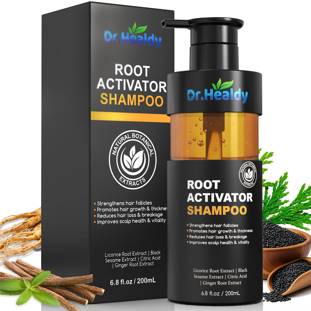 Dr. Healdy Root Activator Shampoo bottle showcases sulfate-free formula for daily scalp cleansing