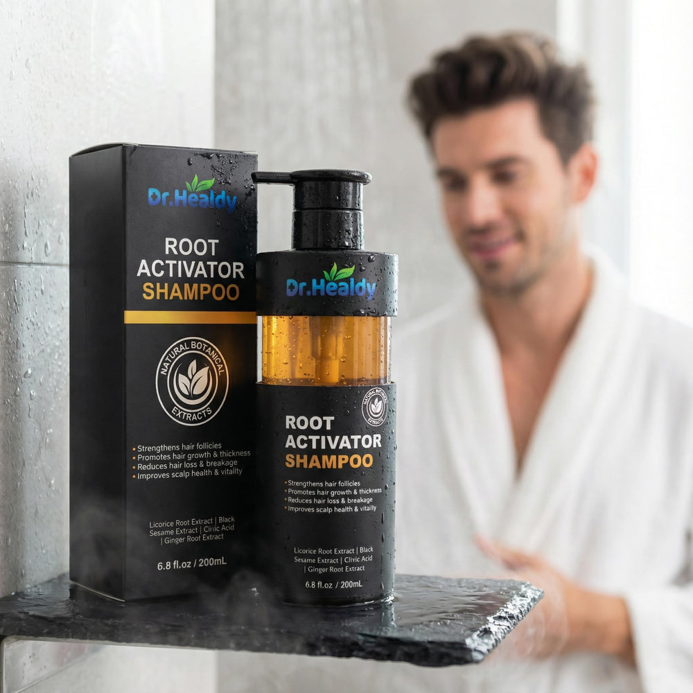 In-shower application of Dr. Healdy Root Activator Shampoo with rich lather