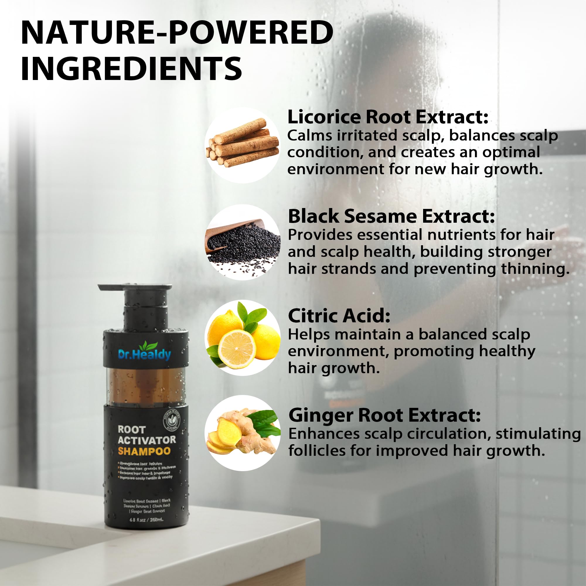 Dr. Healdy Root Activator shampoo lather forms for thorough scalp cleansing.