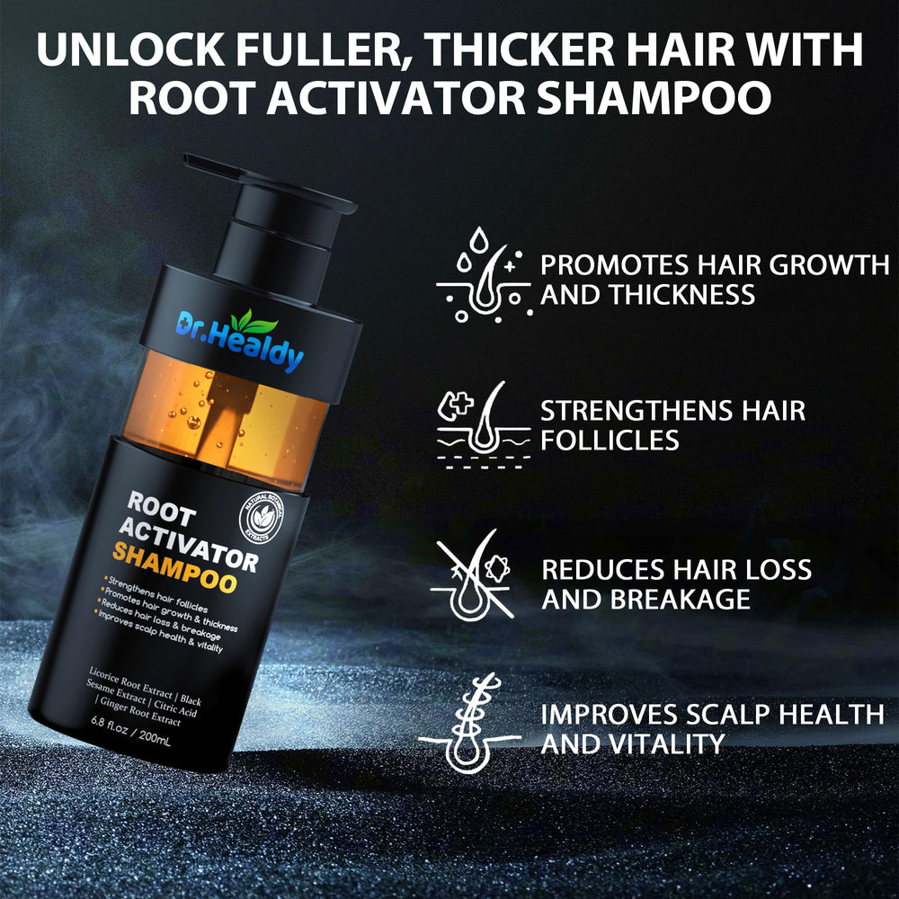 Scalp close-up after using Dr. Healdy Root Activator Shampoo emphasizes clean follicles