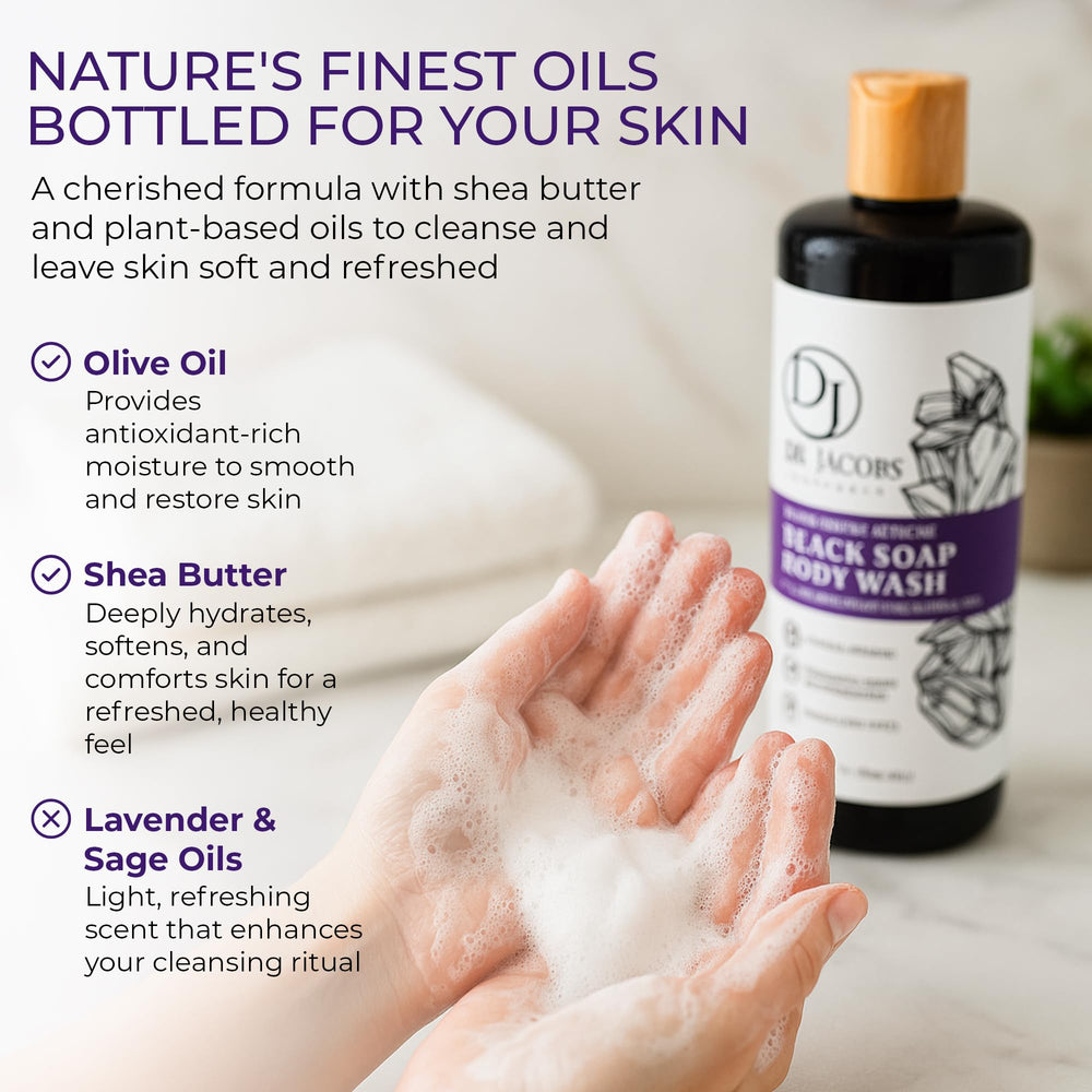 DR.JACOBS NATURALS African Black Liquid Soap body-wash foam cleanses deeply.