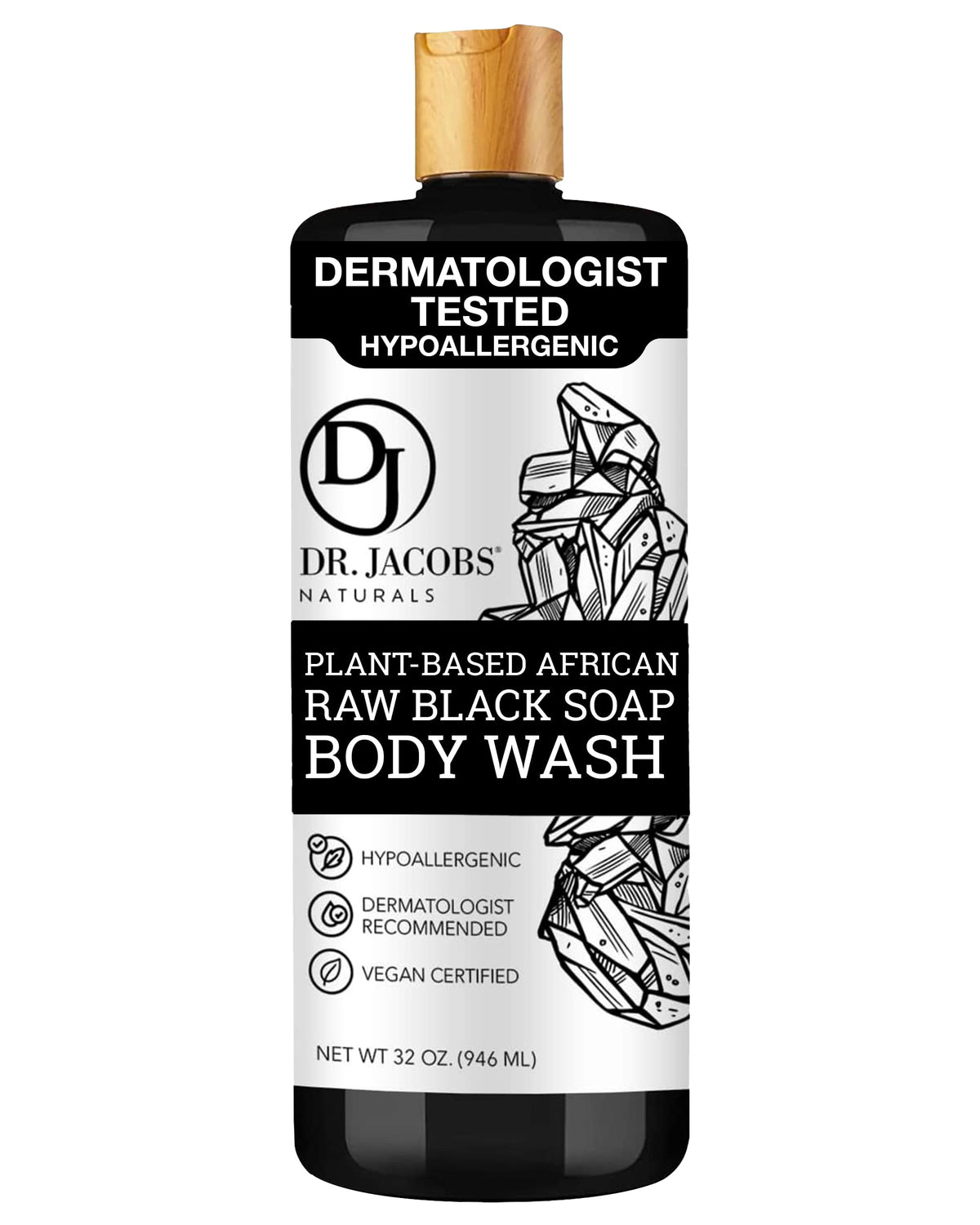 Dr. Jacobs Naturals African Black Soap bottle pouring for gentle facial cleanse