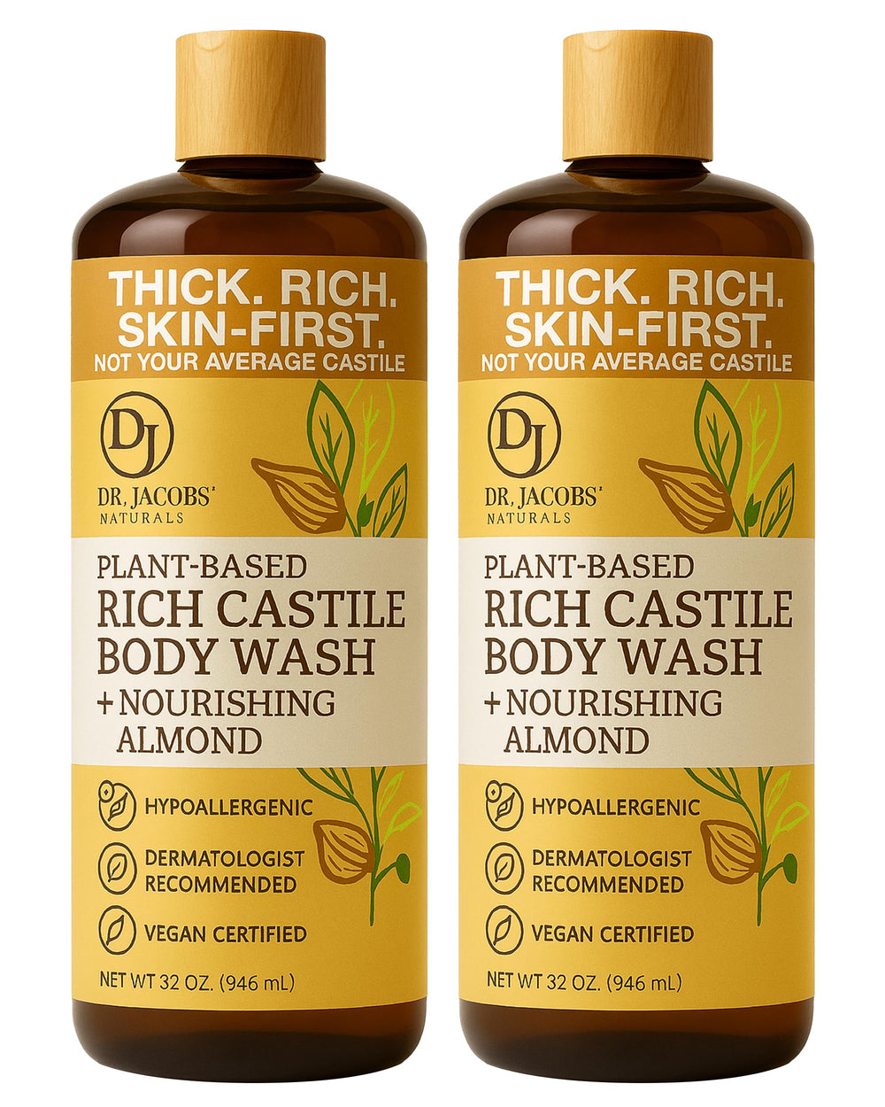DR.JACOBS NATURALS almond castile soap bottle with nourishing oils for dry skin.