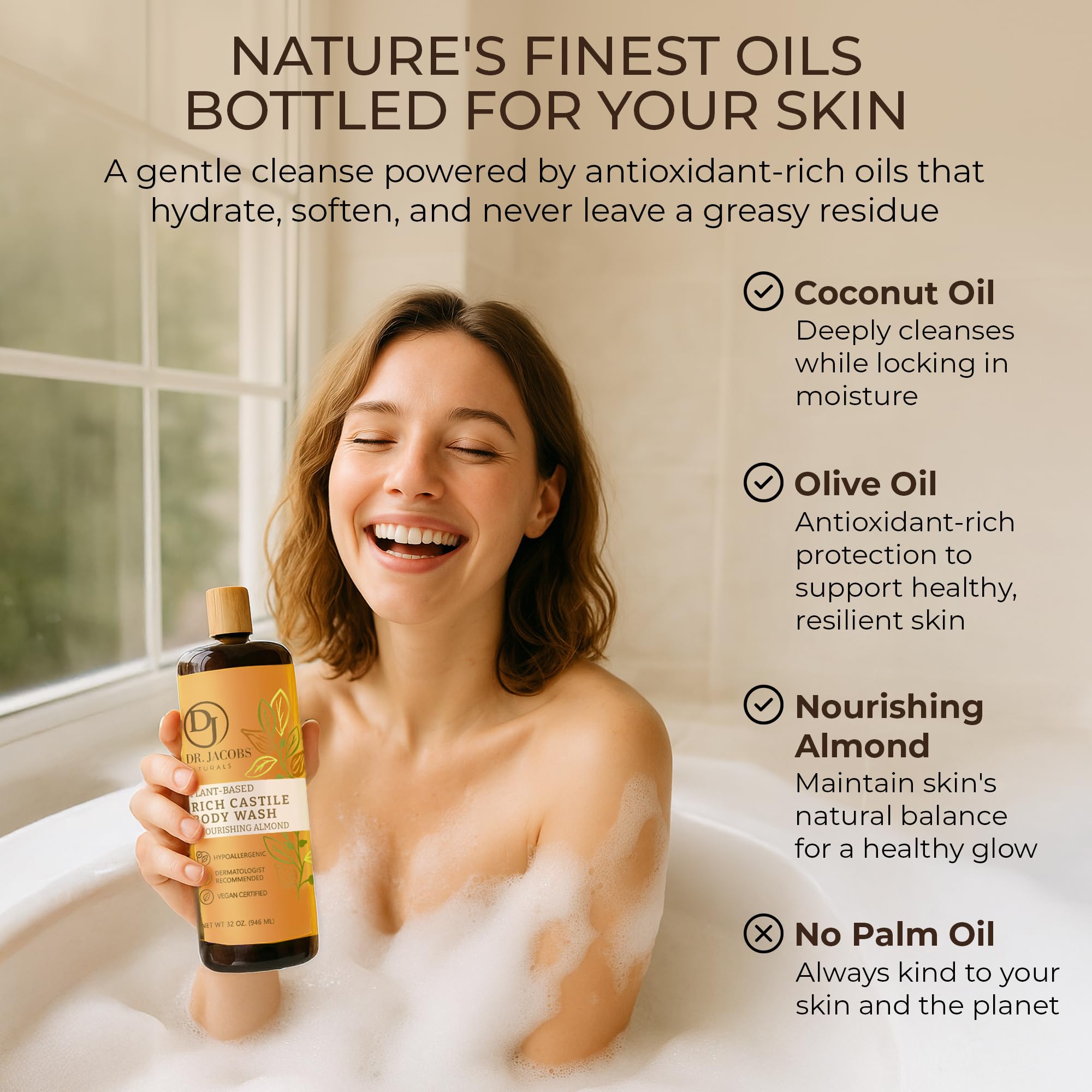 Creamy lather forms on skin from DR.JACOBS NATURALS almond castile soap.