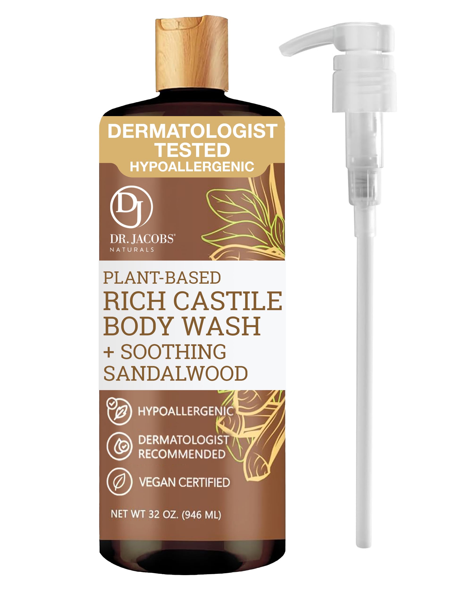 DR.JACOBS NATURALS Castile Sandalwood body wash pump bottle for gentle cleansing.