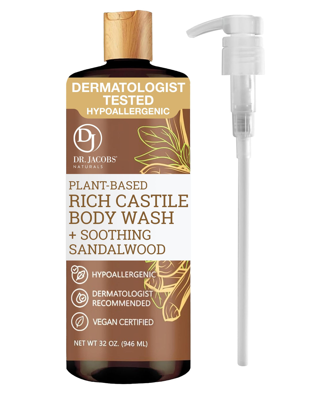 DR.JACOBS NATURALS Castile Sandalwood body wash pump bottle for gentle cleansing.