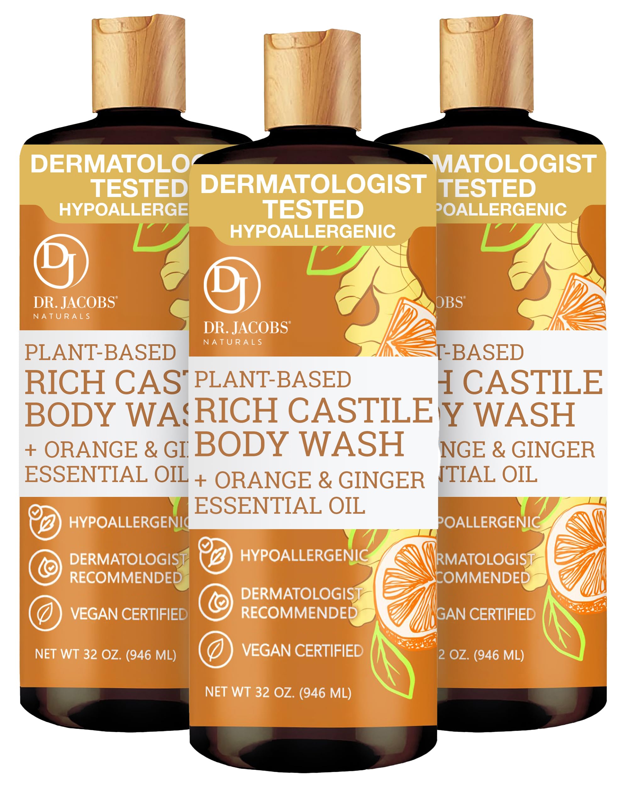 DR.JACOBS NATURALS orange ginger castile soap bottle for gentle cleansing.