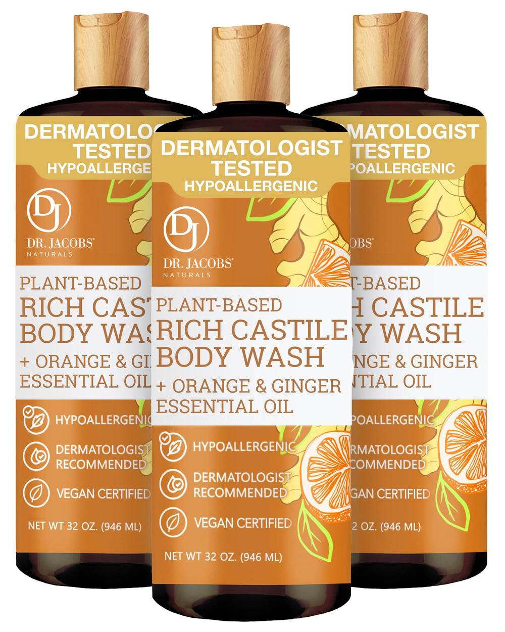 DR.JACOBS NATURALS orange ginger castile soap bottle for gentle cleansing.