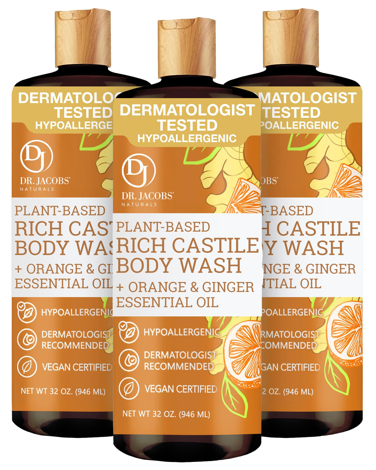 DR.JACOBS NATURALS orange ginger castile soap bottle for gentle cleansing.