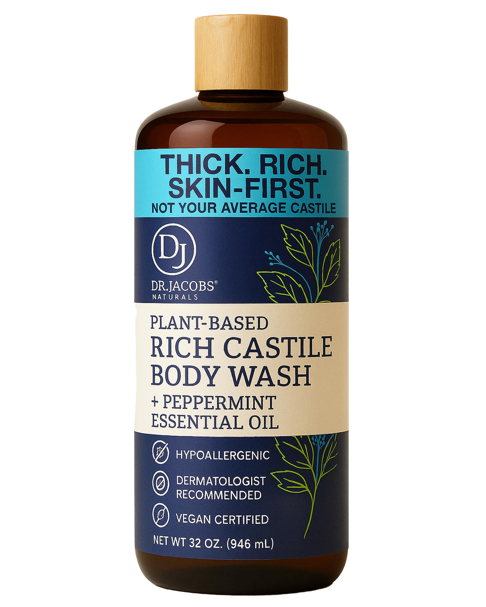 DR.JACOBS NATURALS peppermint castile bottle for gentle daily cleansing.