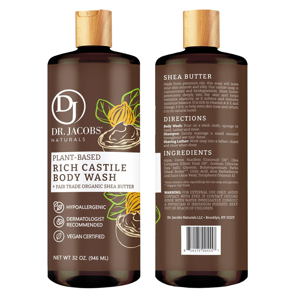 Dr. Jacobs Naturals plant-based body wash with aloe vera and vitamin E for hydration.