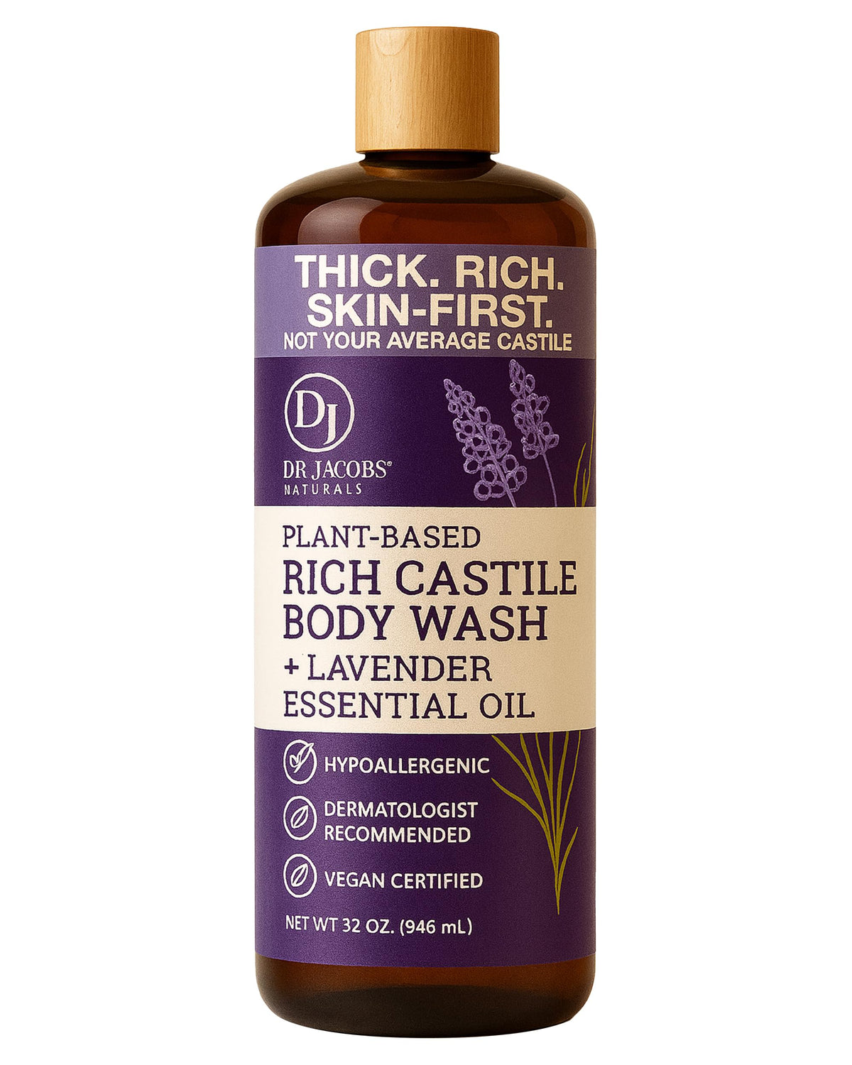 Dr. Jacobs Naturals lavender castile soap bottle for a soothing, moisturizing shower.