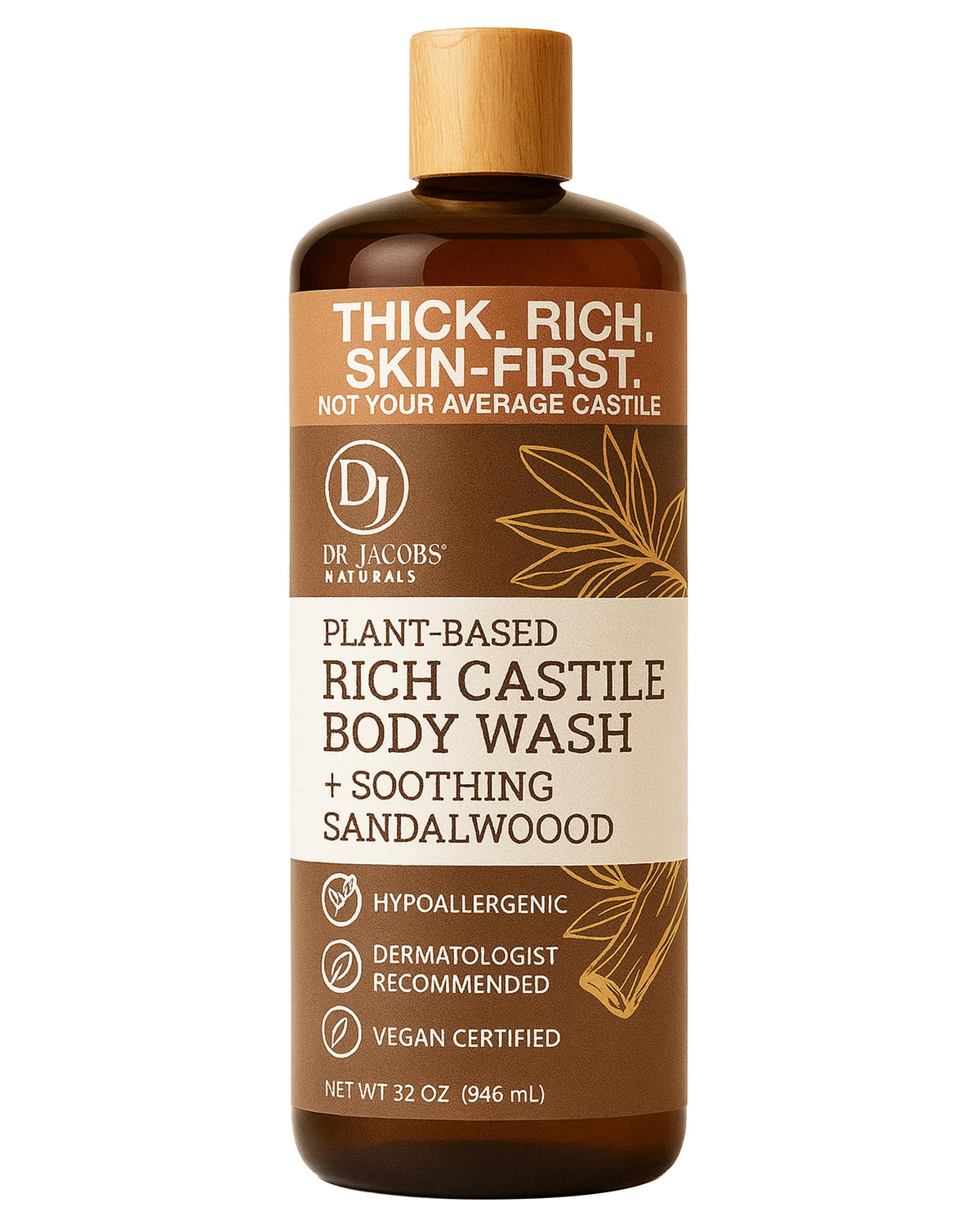 DR.JACOBS NATURALS Pure Castile Soap Sandalwood bottle emphasizes moisturizing formula for dry skin.