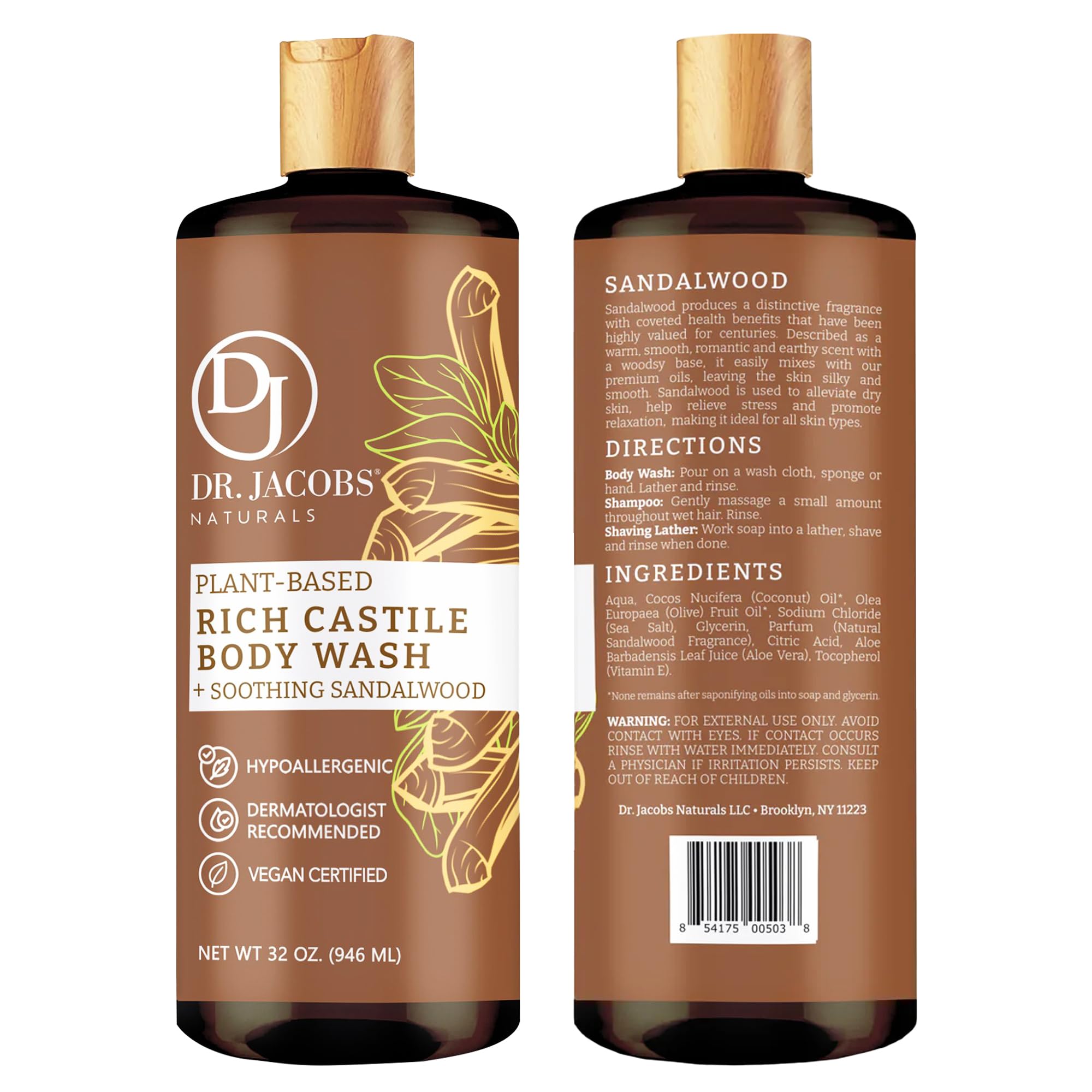 DR.JACOBS NATURALS Pure Castile Soap Sandalwood pour shows refreshing, plant-based cleansing.