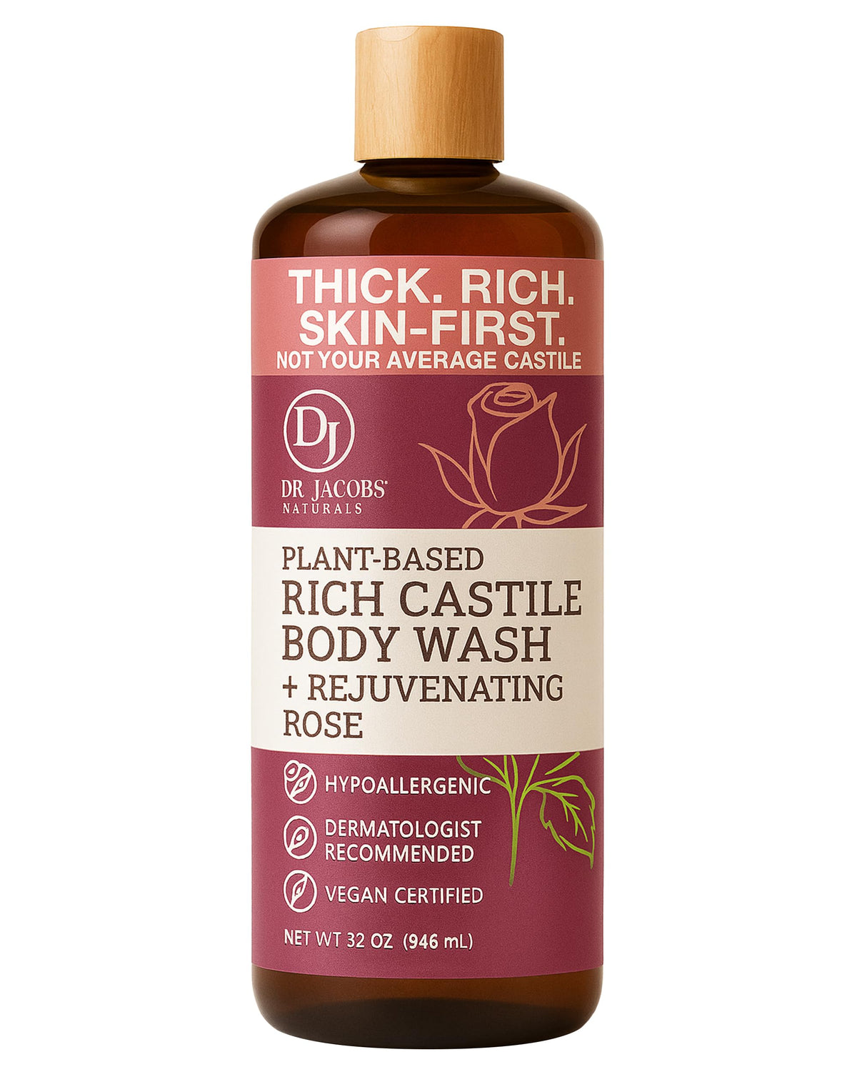 Dr. Jacobs Naturals Pure Castile Soap Rose bottle shows a gentle plant-based cleanse for dry skin.