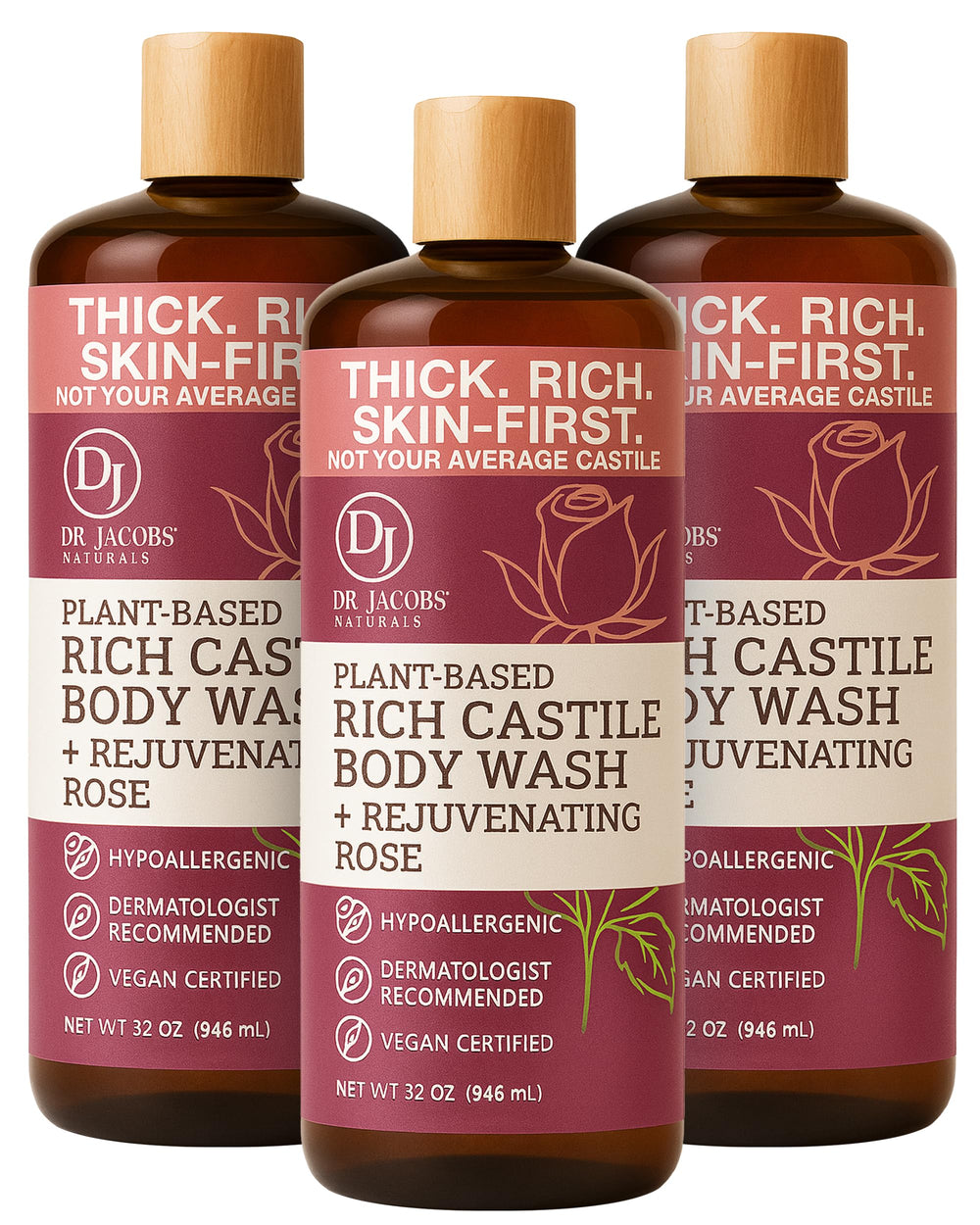 DR.JACOBS NATURALS Pure Castile Soap Rose bottle for gentle cleansing with aloe and vitamin E.