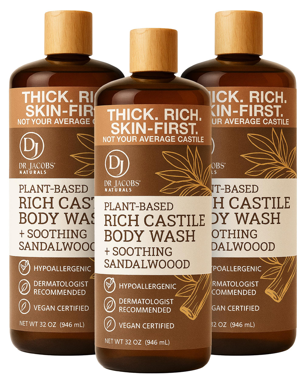 DR.JACOBS NATURALS sandalwood bottle for gentle cleansing and hydration.