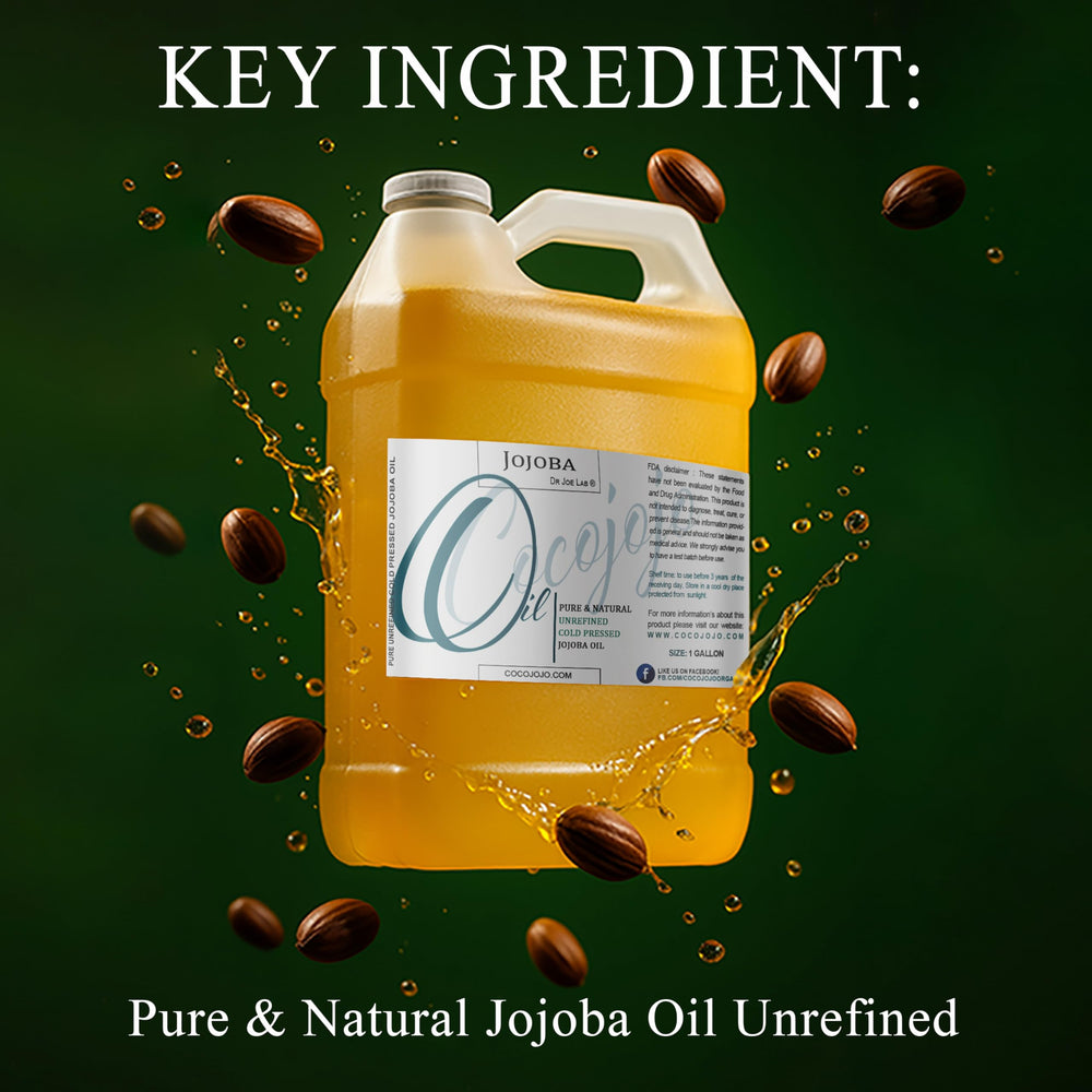 Cocojojo Jojoba Oil bottle closeup highlights hexane-free, preservative-free integrity.