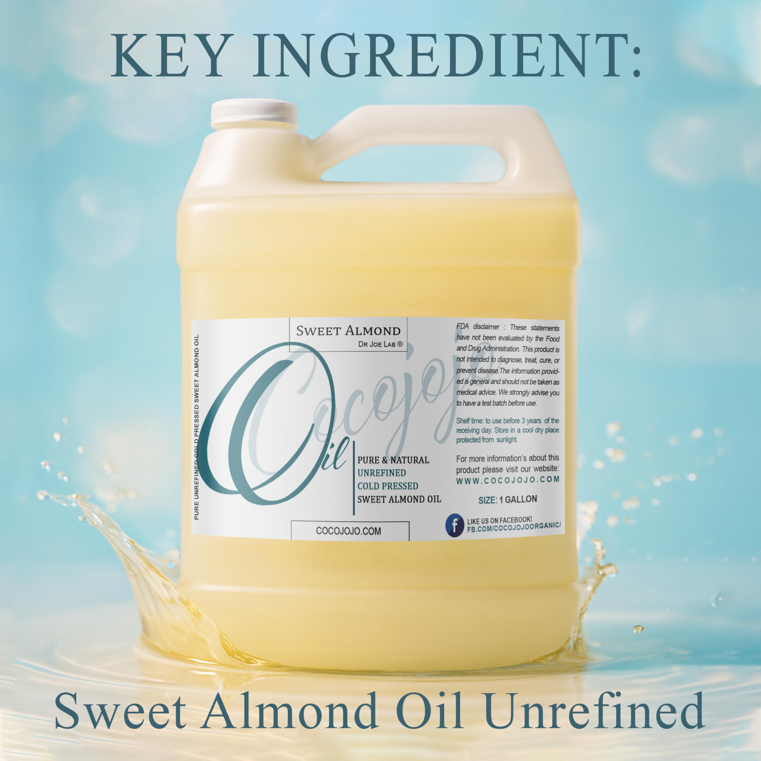 Sweet Almond Oil glass jug on bathroom shelf for daily skin care.