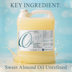 Sweet Almond Oil glass jug on bathroom shelf for daily skin care.