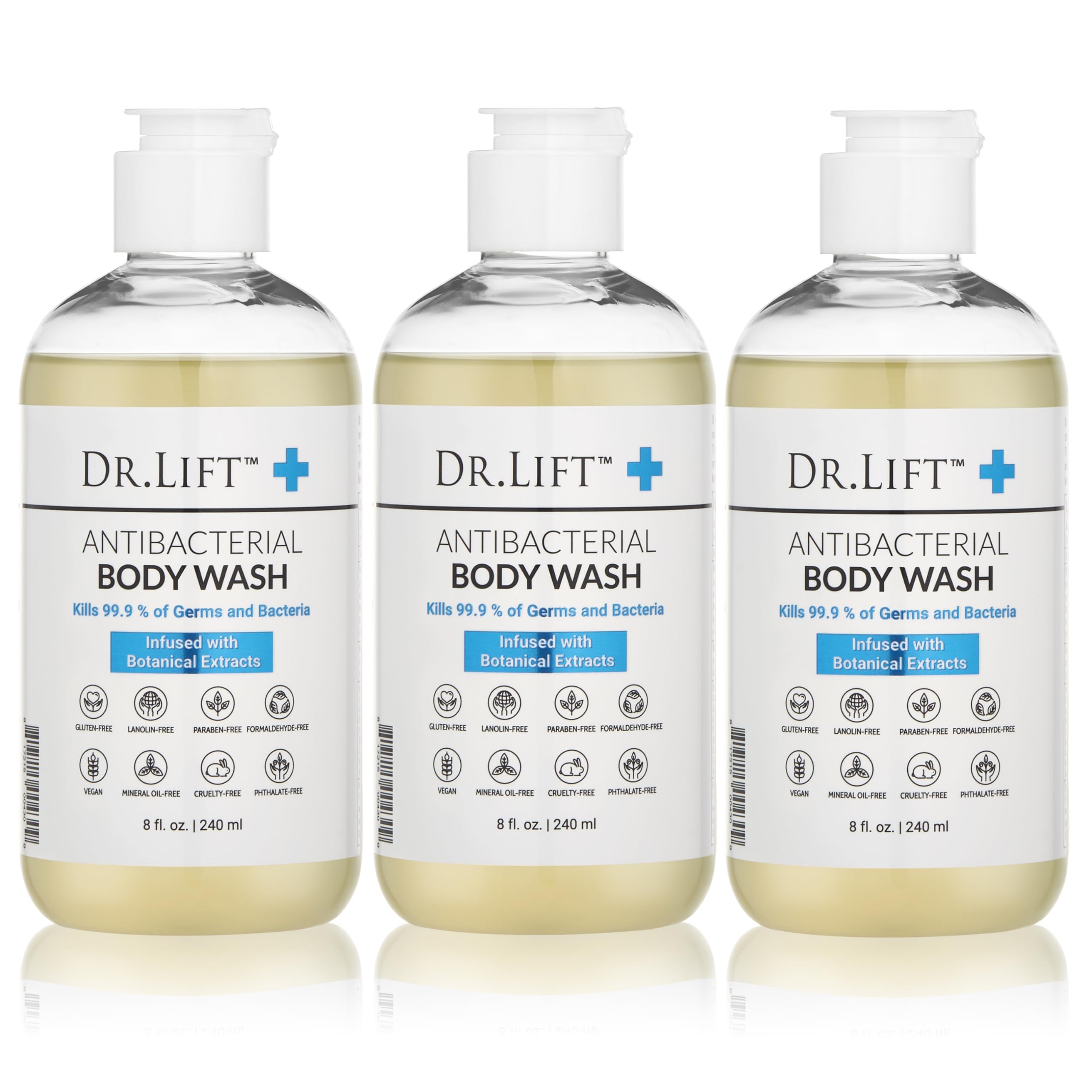 DR. LIFT antibacterial body wash 8oz bottle delivers gentle cleansing and lasting hydration.