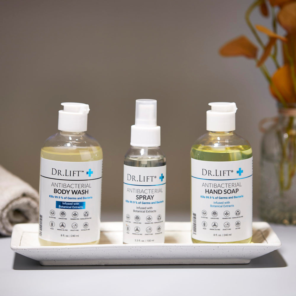 DR. LIFT antibacterial body wash lather demonstrates cleansing and skin hydration.