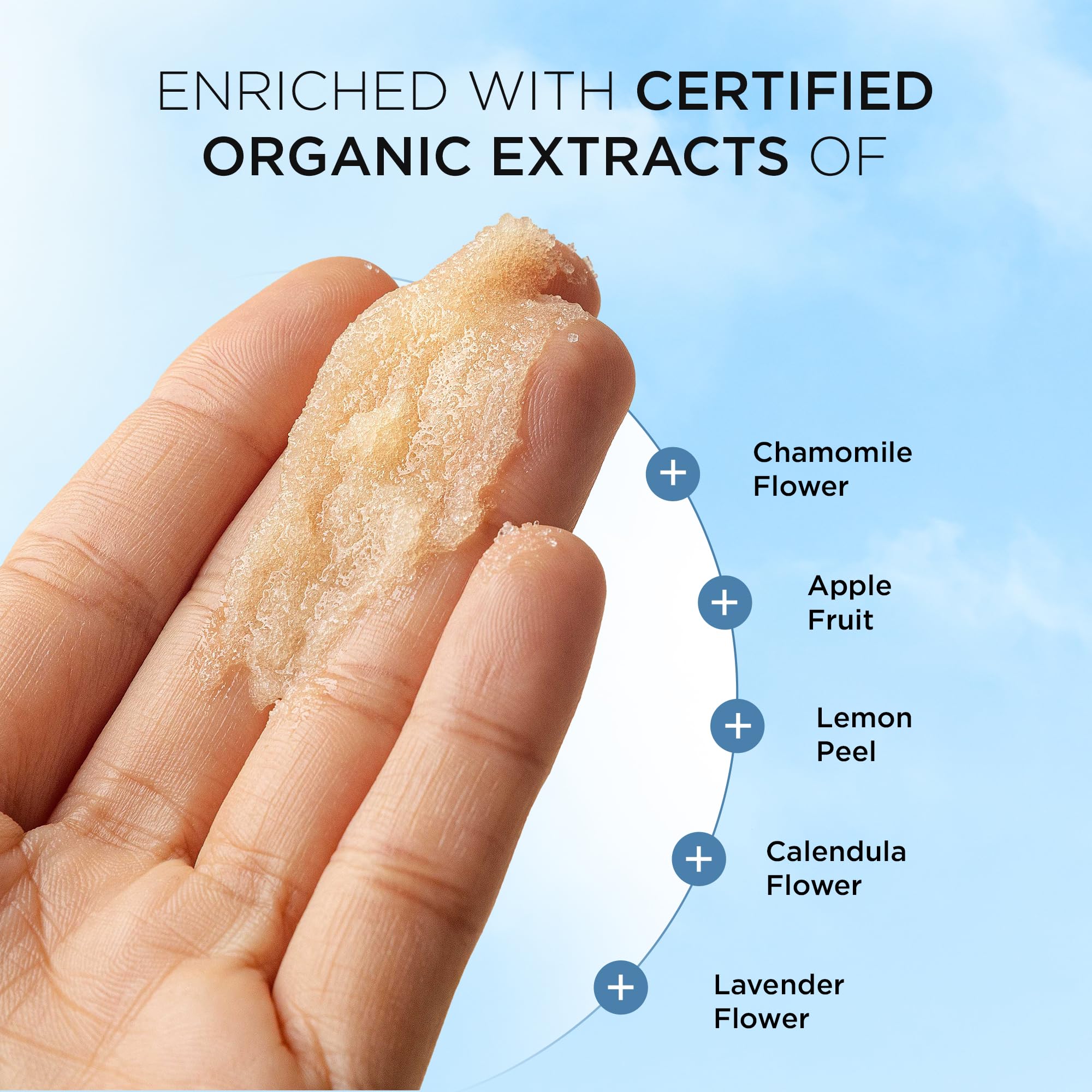 Hands applying DR. LIFT scrub to demonstrate exfoliation in action.