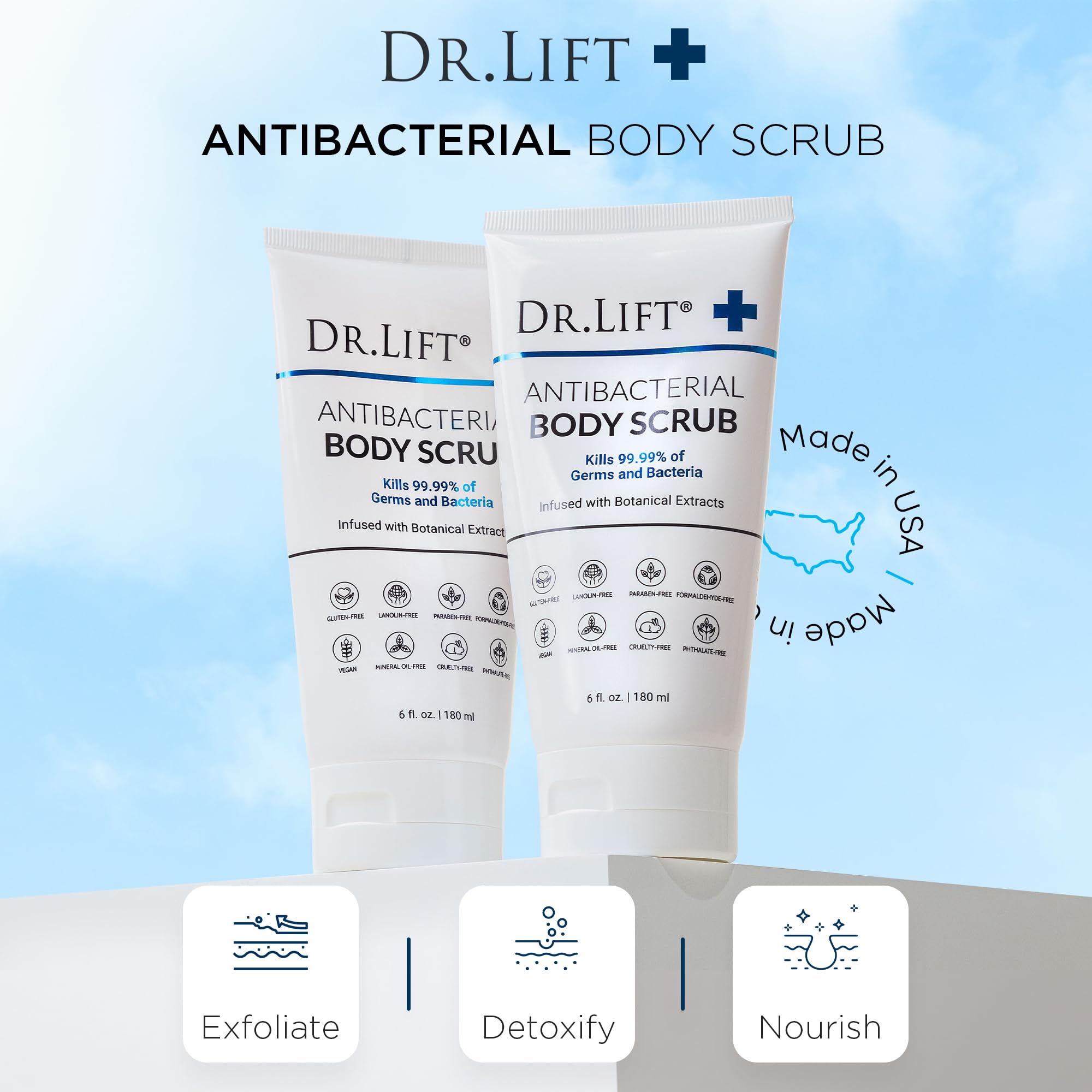 Made-in-USA label on DR. LIFT antibacterial scrub signals quality craft.