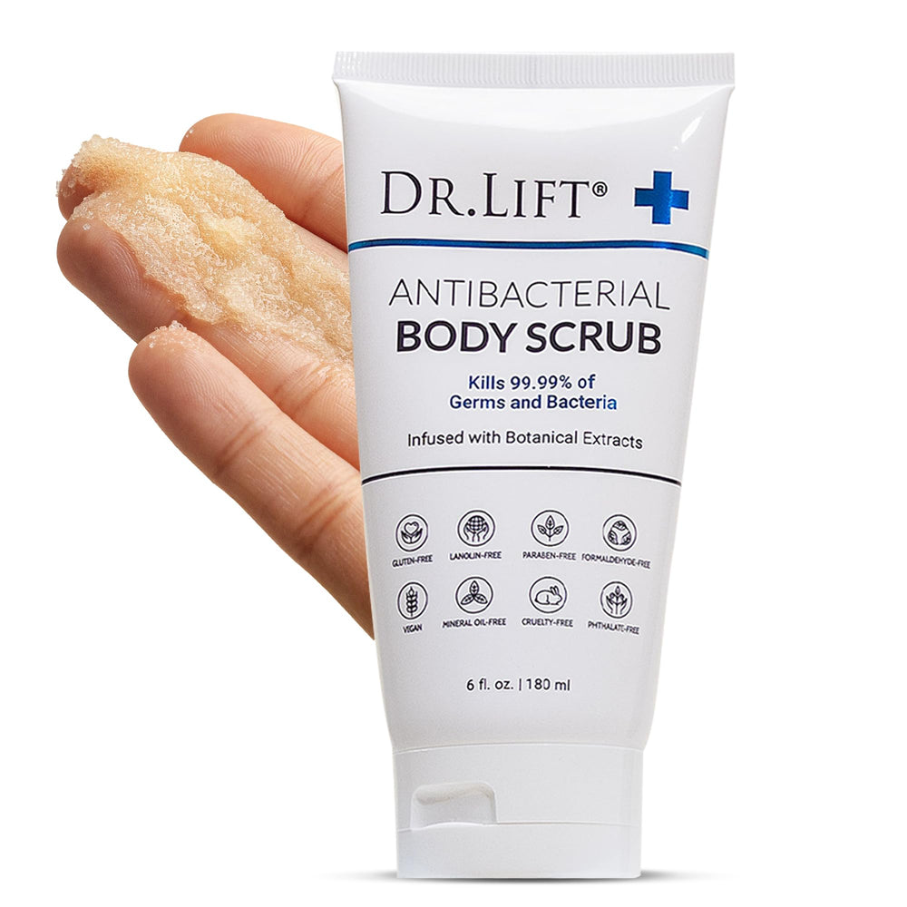 Vegan and cruelty-free badge on DR. LIFT scrub packaging signals ethical care.
