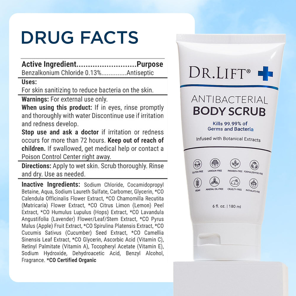 Vitamin E and A in DR. LIFT scrub for nourishment and antioxidant support.