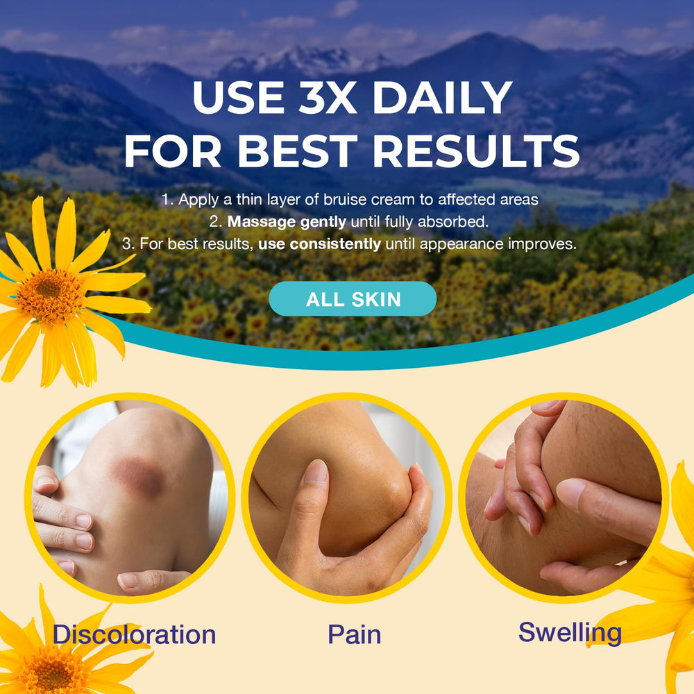 Ingredients panel highlights arnica montana with vitamins K, C, and E