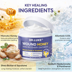 Dr. Luke Manuka Honey Wound Gel texture swirl highlights light, non sticky feel on skin.