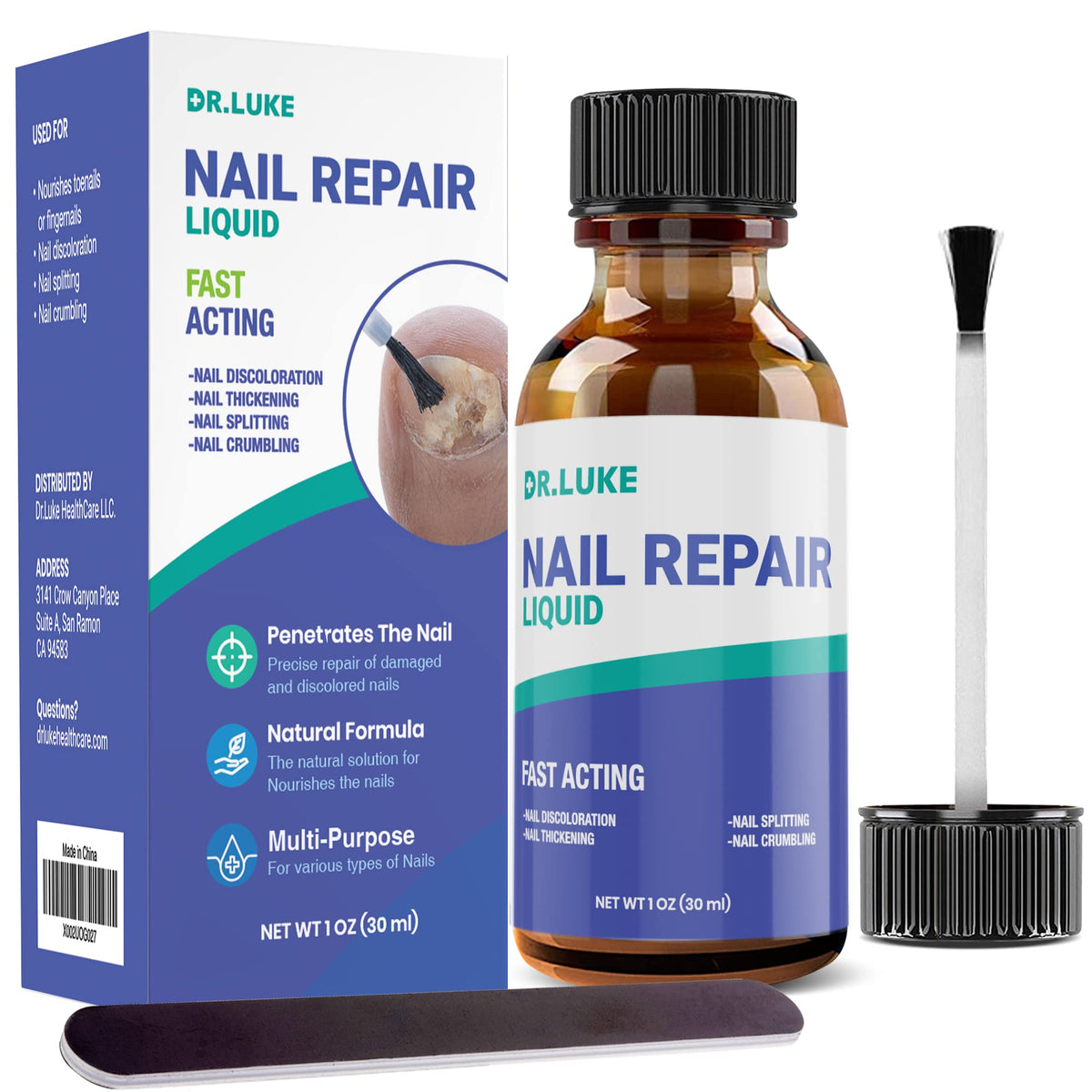 Dr. Luke Nail Repair Liquid bottle with brush for easy cuticle care.