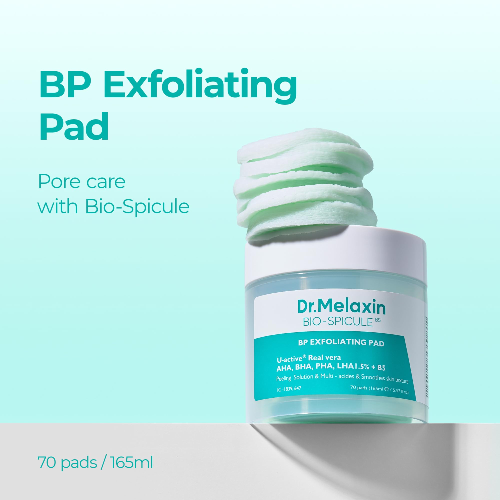 Dr.Melaxin BP pad highlights vegan-certified materials for ethical skincare.