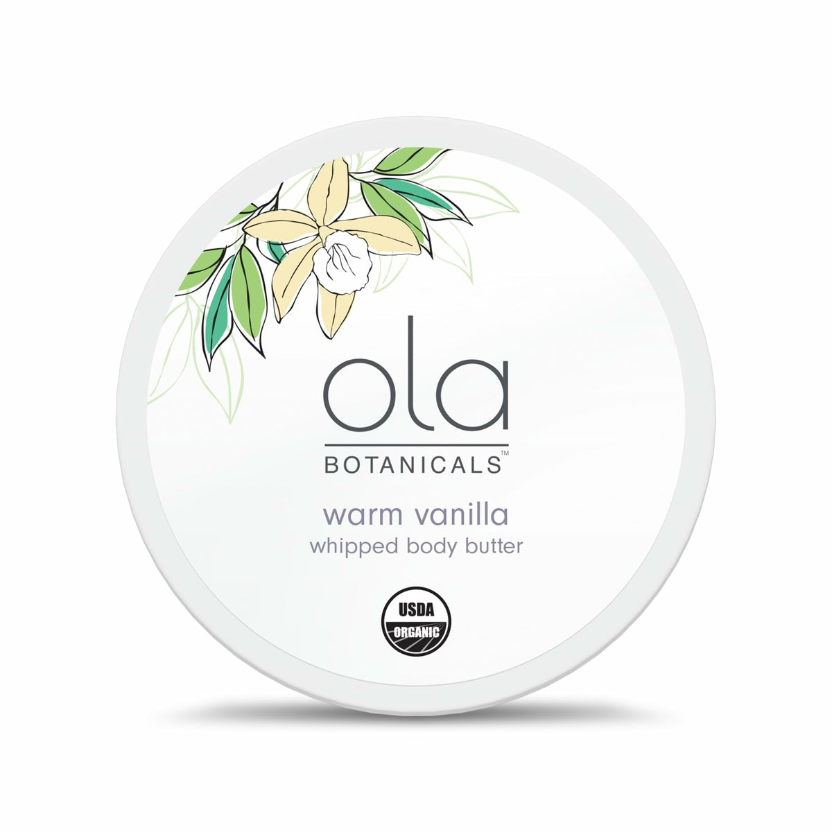 Dr. Mercola Ola Warm Vanilla Whipped Body Butter jar showing rich hydration for dry skin.