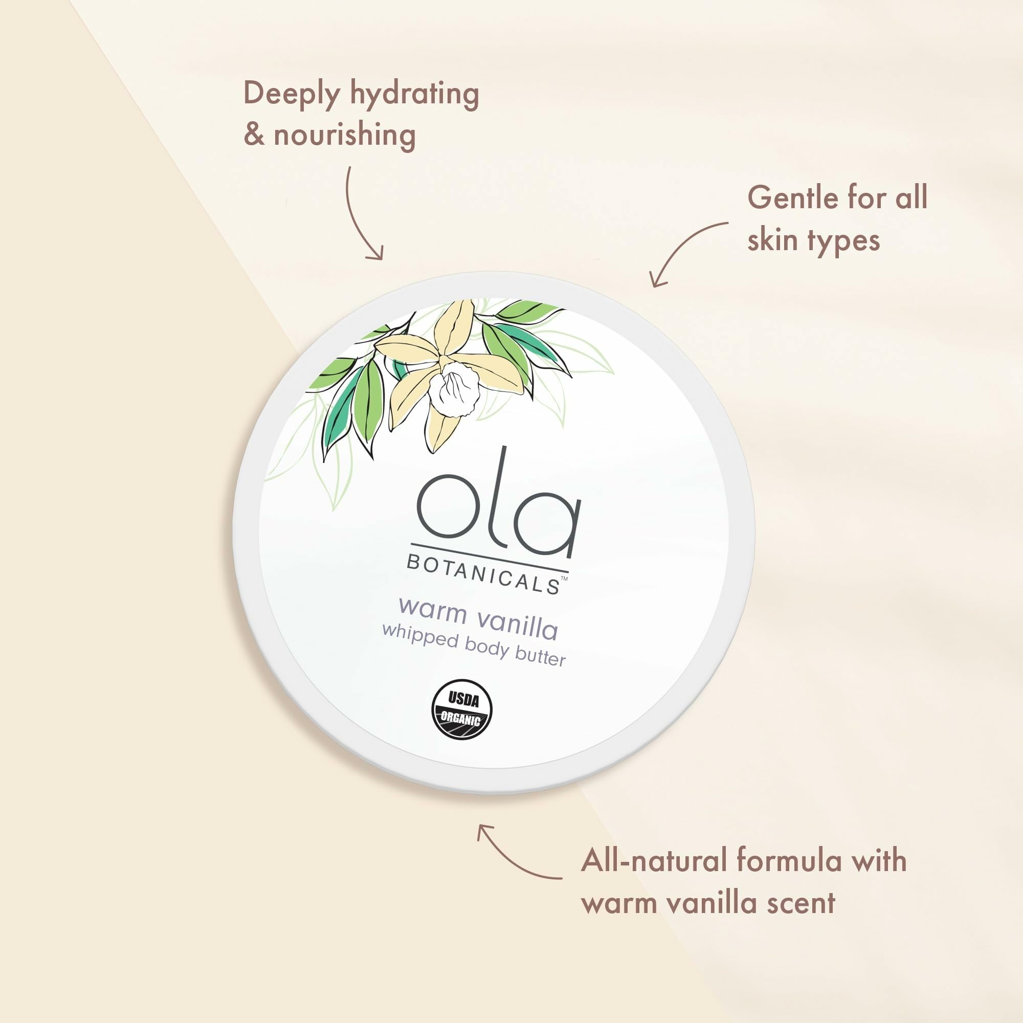 Dr. Mercola Ola Botanical Shea Butter ingredients featuring shea, jojoba, and coconut oils for nourished skin.