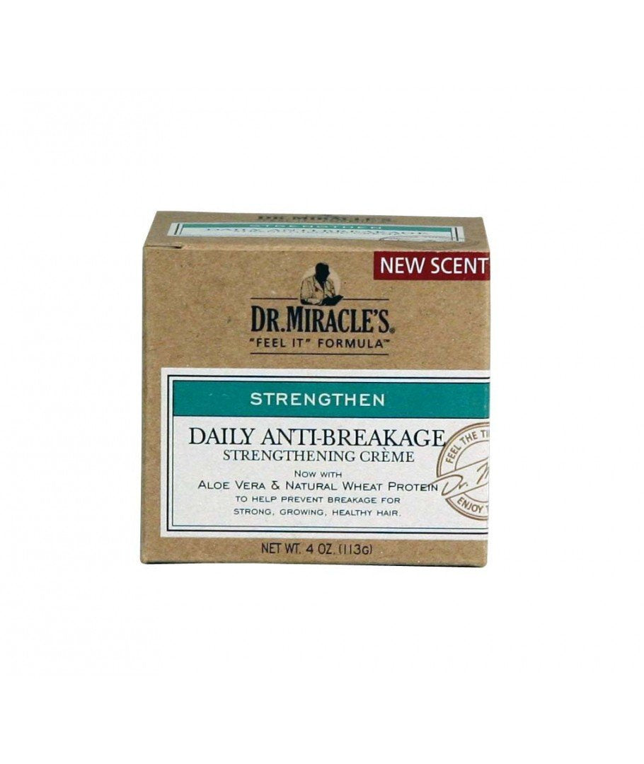 Dr. Miracle's Strengthen Daily Creme bottle close-up highlighting anti-breakage formula for hair and scalp care.