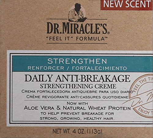 Close-up of Dr. Miracle's Strengthen Daily Creme label, featuring the product name and tingling formula.