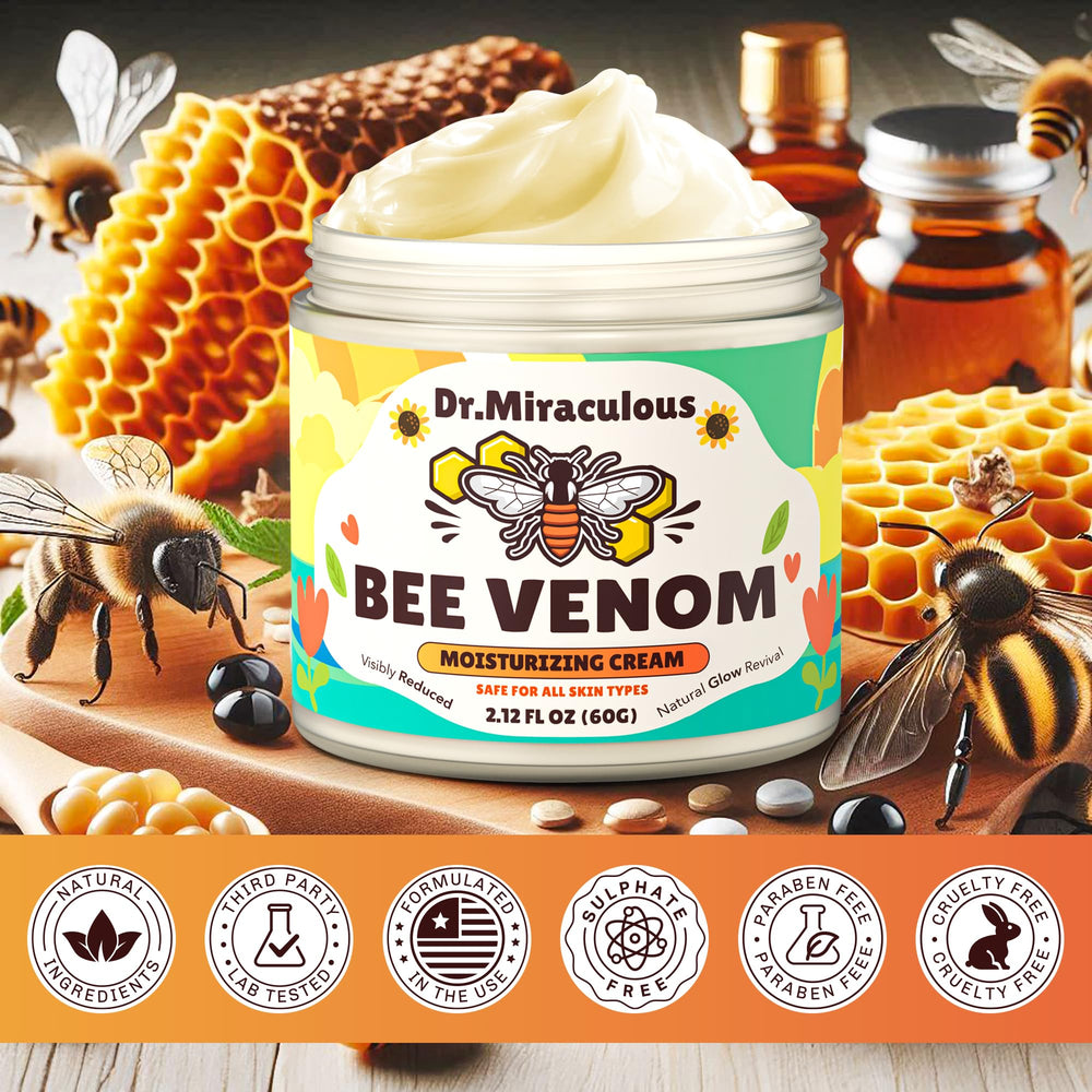 Dr. Miraculous bee venom cream jar highlights premium ingredients for nourished skin.