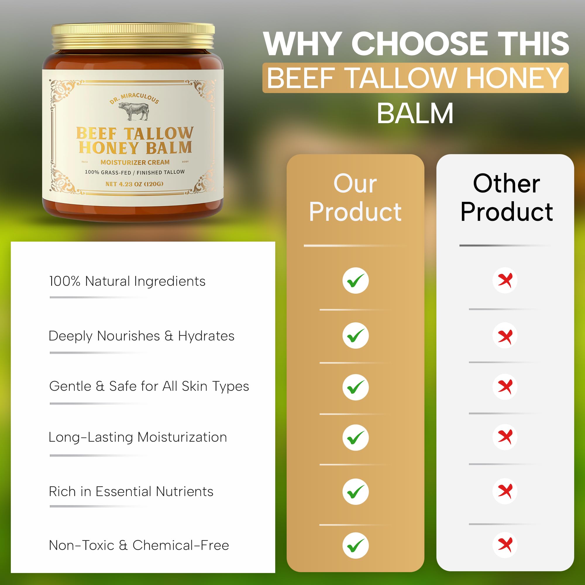 Dr. Miraculous pasture-raised tallow highlighting natural sourcing and nourishing skin benefits.