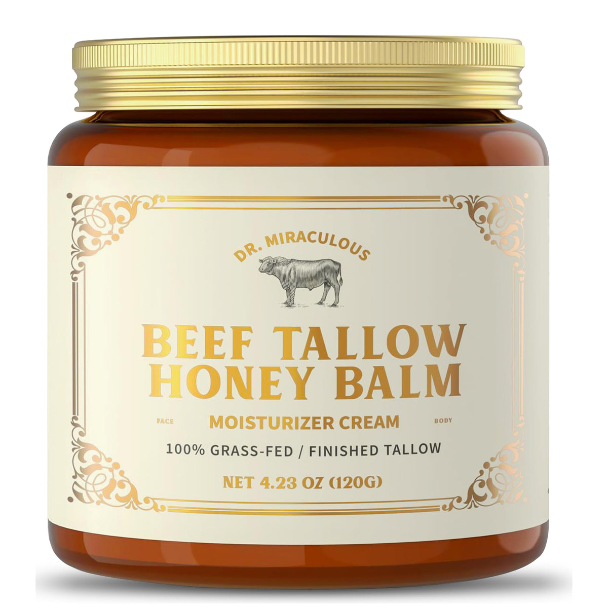 Dr. Miraculous tallow-honey balm jar close-up showing rich hydration texture.